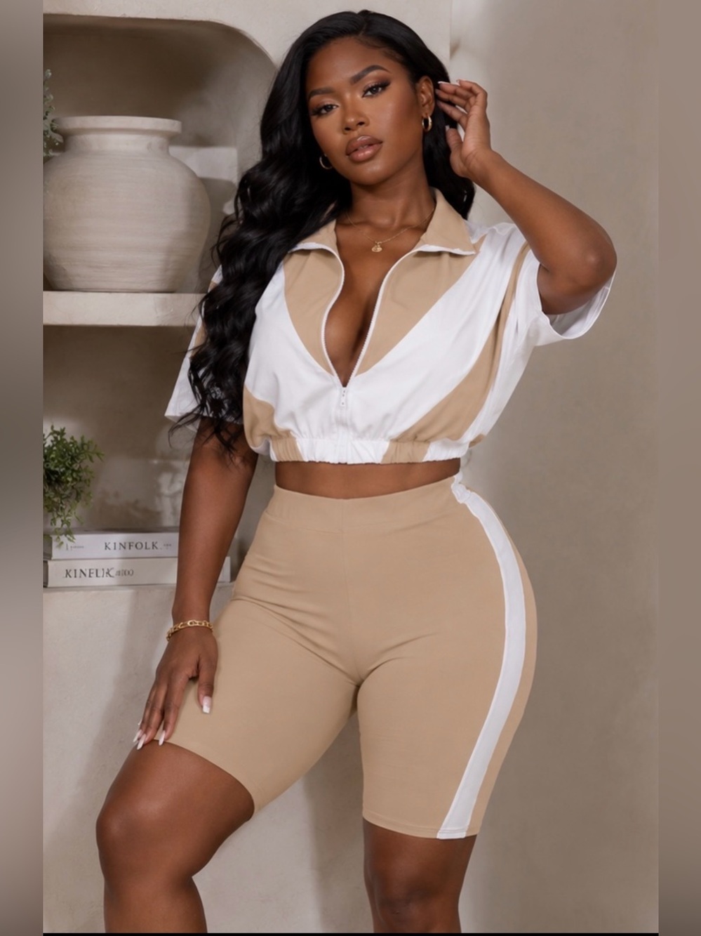 Beige & White Zip Crop Top with High-Waist Bike Shorts Set